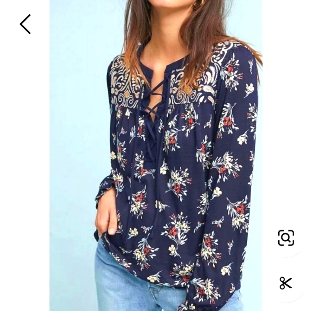 Anthropologie One September Sydney Navy Embroidered Floral Tie Neck Blouse Med